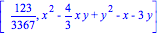 [123/3367, x^2-4/3*x*y+y^2-x-3*y]